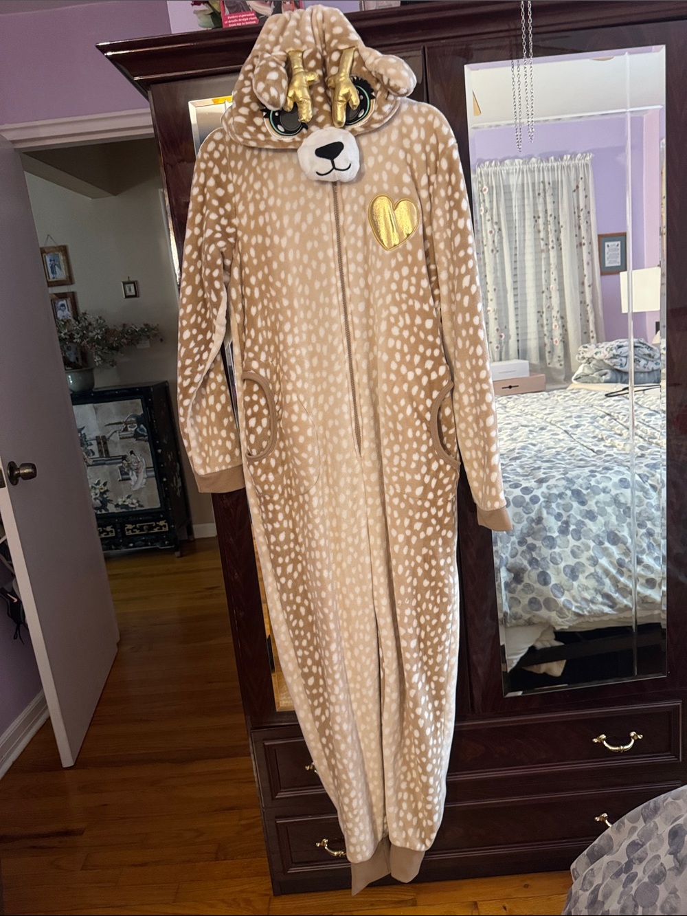 Plush Womens Beige Fawn Onesie Pajama with Hood